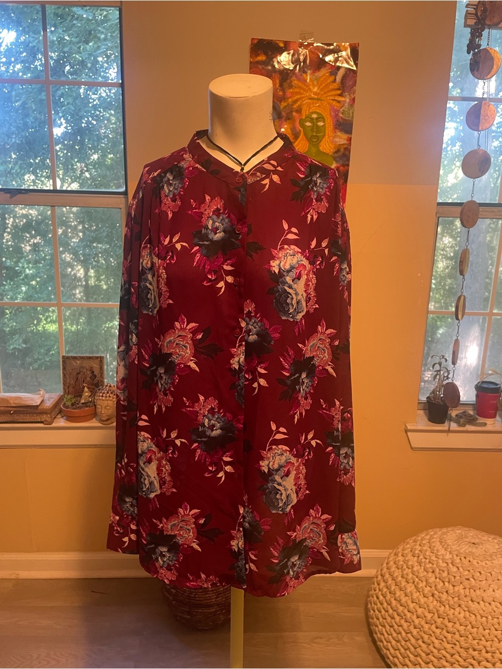 Long Sleeve Gorgeous Burgundy Floral Button-Up Blouse